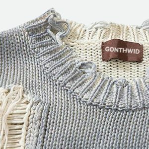 Y2K Grunge Tasseled Distressed Sweater - Trendy Casual Outfit for Spring & Summer