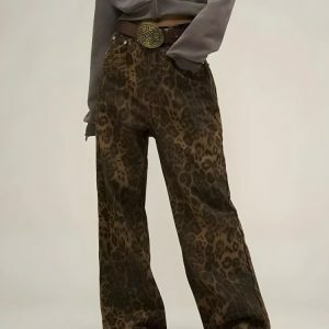 Y2K Leopard Straight Leg Pants - Trendy Coquette Aesthetic for Summer & Spring Outfits