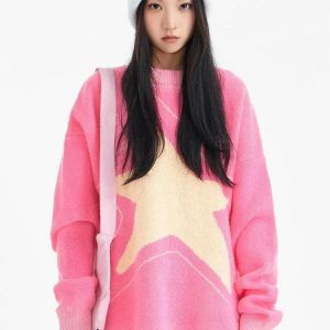 Y2K Star Distressed Sweater - Trendy Coquette Aesthetic for Spring & Summer Outfits