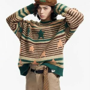 Y2K Vintage Stars Striped Knitted Sweater - Trendy Coquette Aesthetic for Spring & Summer Outfits