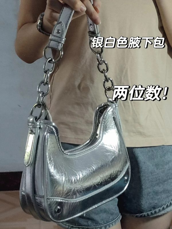 2023 Silver Underarm Bag for Women, Handheld Chain Baguette, Versatile High-End Shoulder Crossbody Bag