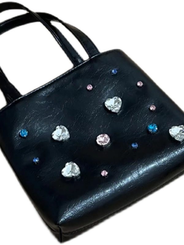 2024 Silver Leather Gemstone Underarm Bag with Diamond Embellishments & Rhinestone Phone Chain - Small Tote Shoulder Bag