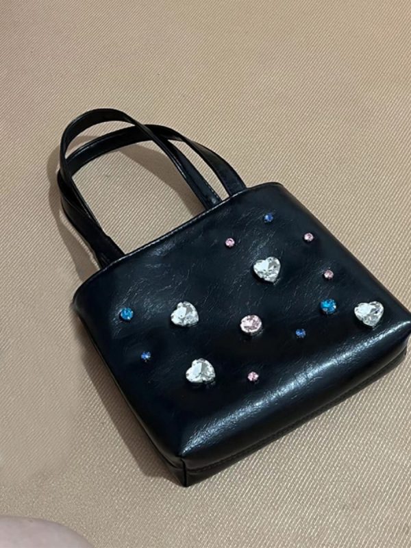 2024 Silver Leather Gemstone Underarm Bag with Diamond Embellishments & Rhinestone Phone Chain - Small Tote Shoulder Bag