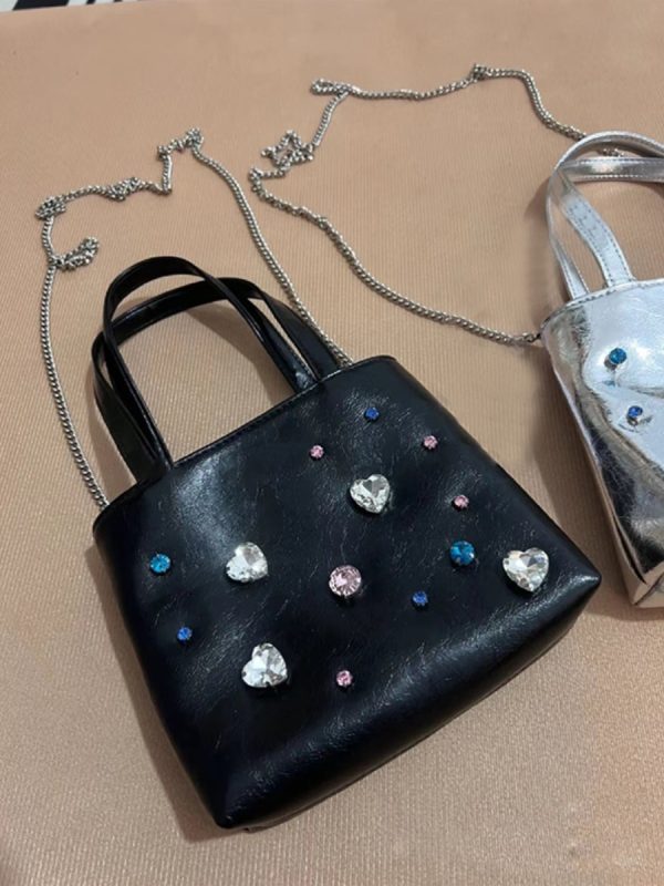 2024 Silver Leather Gemstone Underarm Bag with Diamond Embellishments & Rhinestone Phone Chain - Small Tote Shoulder Bag
