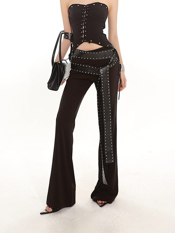 2024 Summer Heavyweight Spicy Girl Studded Waist Elastic Flare Casual Pants - Black Long Pants for Trendy Y2K Style