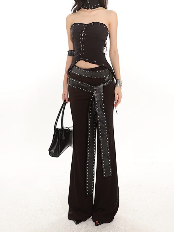 2024 Summer Heavyweight Spicy Girl Studded Waist Elastic Flare Casual Pants - Black Long Pants for Trendy Y2K Style
