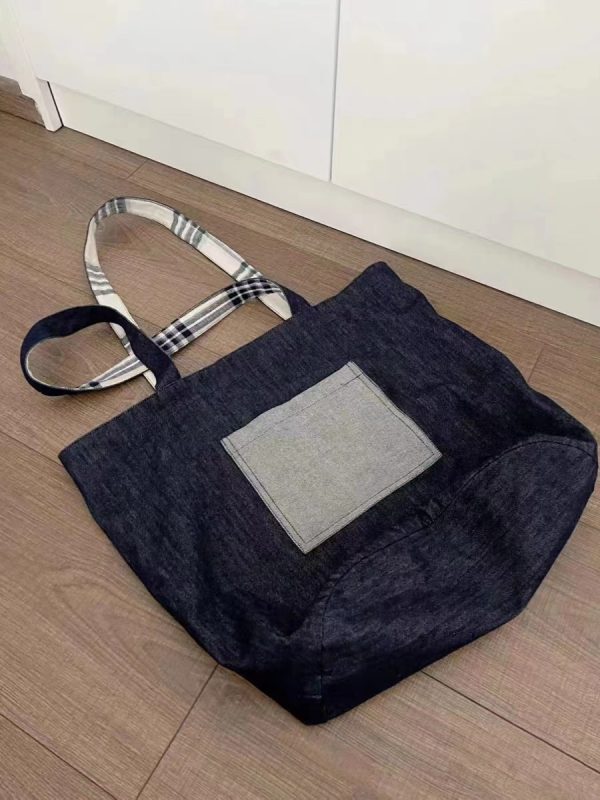 2025 Denim Plaid Spliced Tote Shoulder Bag, Large Capacity Versatile Commute Handbag for Everyday Use