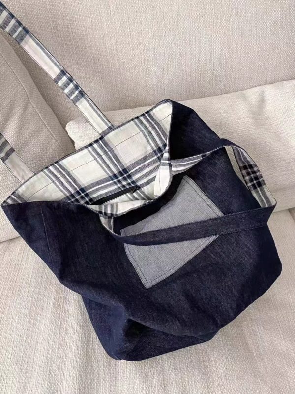 2025 Denim Plaid Spliced Tote Shoulder Bag, Large Capacity Versatile Commute Handbag for Everyday Use