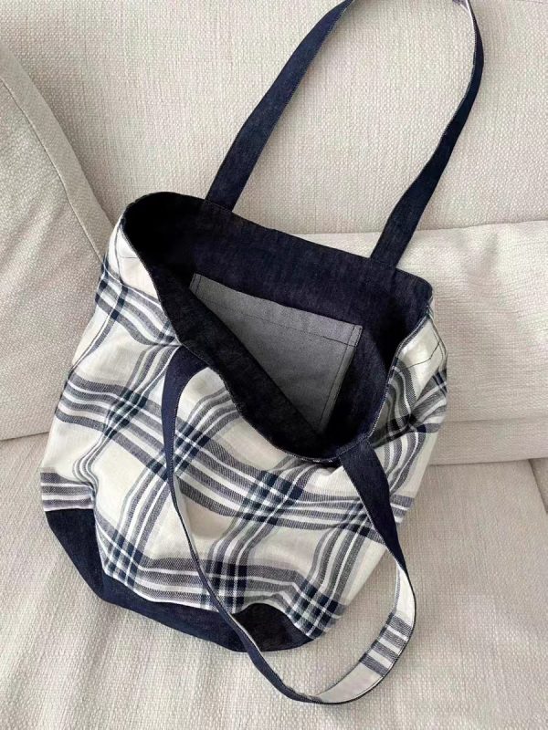 2025 Denim Plaid Spliced Tote Shoulder Bag, Large Capacity Versatile Commute Handbag for Everyday Use