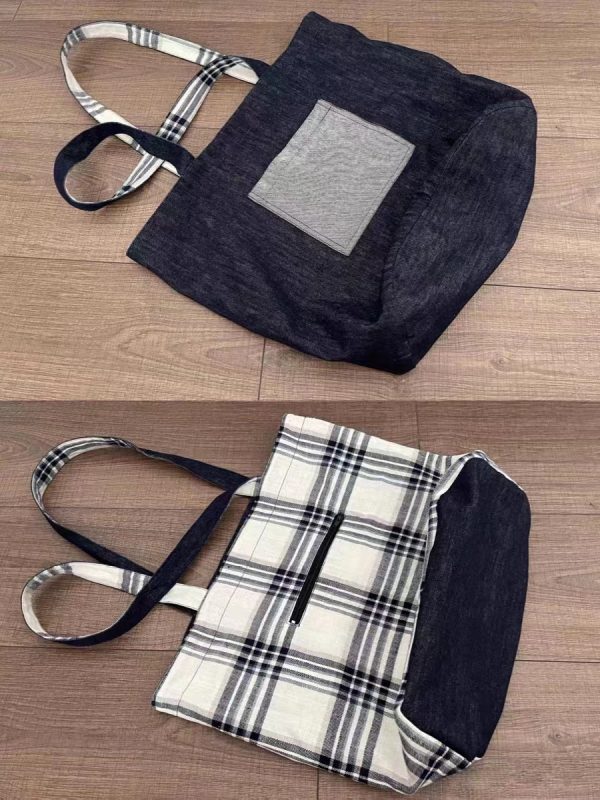2025 Denim Plaid Spliced Tote Shoulder Bag, Large Capacity Versatile Commute Handbag for Everyday Use