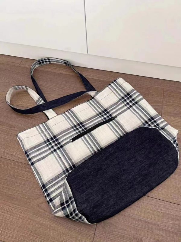 2025 Denim Plaid Spliced Tote Shoulder Bag, Large Capacity Versatile Commute Handbag for Everyday Use