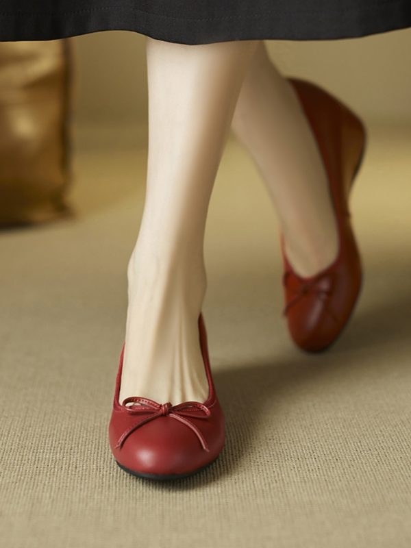 2025 New Spring Summer Women's Red Wedge Heels - First Layer Cowhide, Height-Increasing Shallow Mouth Design