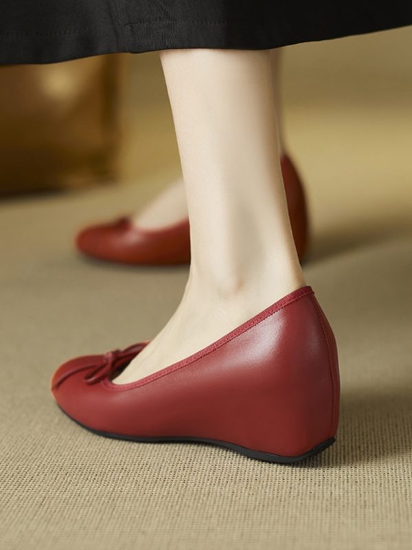 2025 New Spring Summer Women's Red Wedge Heels - First Layer Cowhide, Height-Increasing Shallow Mouth Design