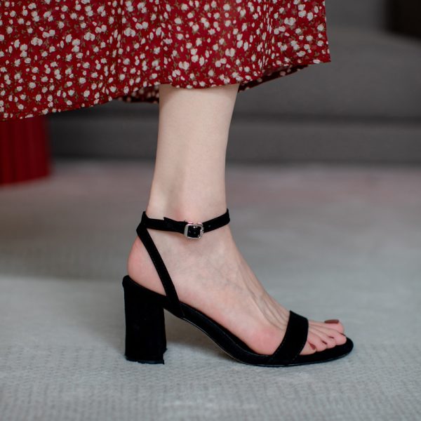 2025 New Style Genuine Leather Black One-Strap Thick-Heeled Sandals for Women - Fairy Mid-Heel Summer Footwear in Large Sizes