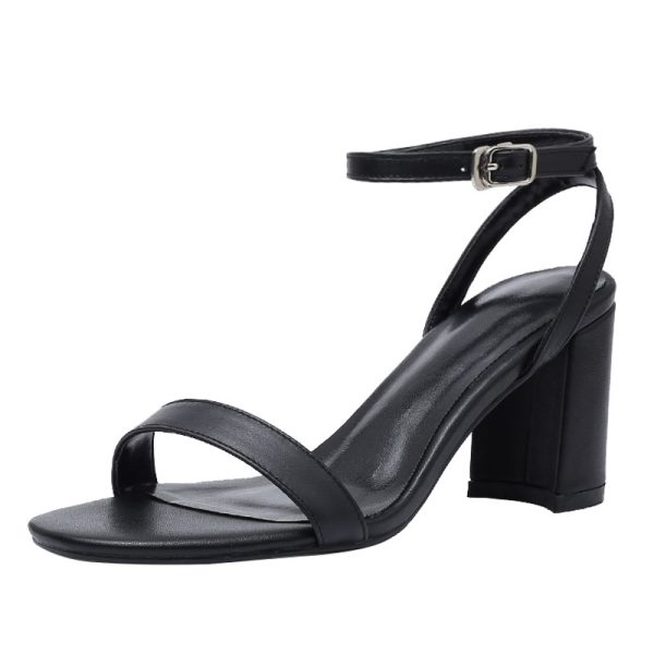 2025 New Style Genuine Leather Black One-Strap Thick-Heeled Sandals for Women - Fairy Mid-Heel Summer Footwear in Large Sizes
