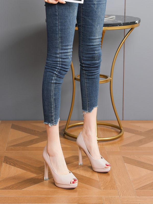2025 New Style Peep-Toe Patent Leather Sexy Nude High Heels for Women, Waterproof Platform, Thin Heels, Versatile Black Flats