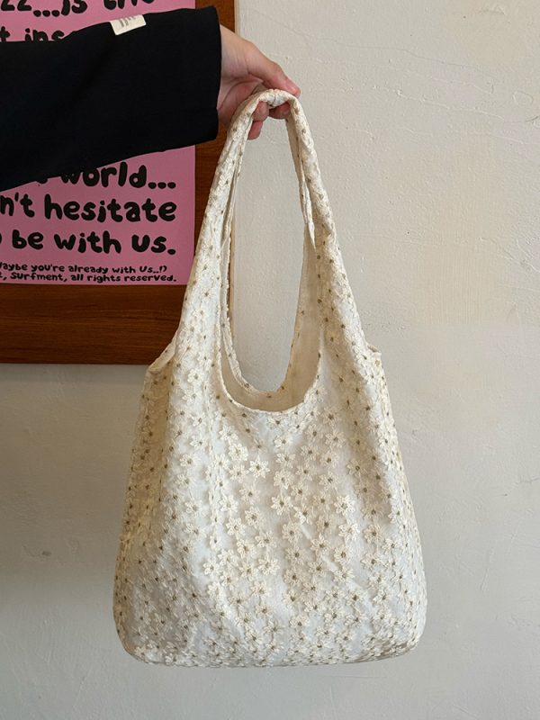 2025 Small Daisy Lace Canvas Shoulder Bag for Women, Large Capacity Niche Commuter Tote, Trendy Everyday Style