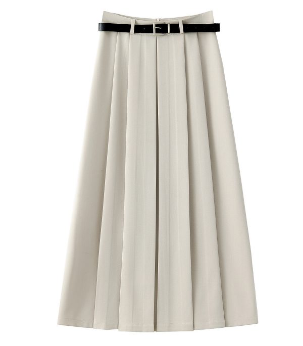 2025 Spring Apricot Pleated Midi Skirt for Women, High-End A-Line Design, Trendy Spring Fashion