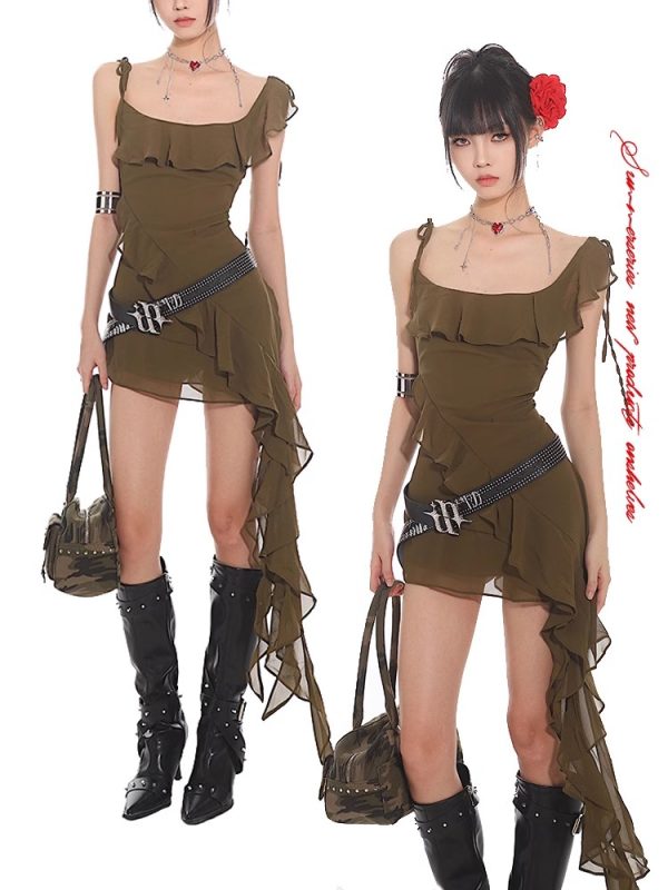 2025 Spring Ruffle Strap Dress for Women - Printed Hot Girl Style, Trendy Vietnam Design, Perfect for Y2K and Niche Fashion