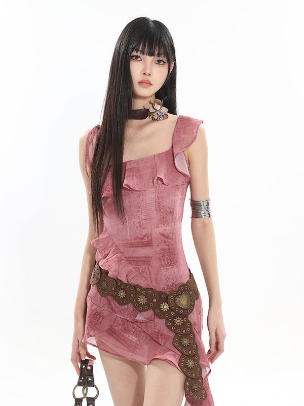 2025 Spring Ruffle Strap Dress for Women - Printed Hot Girl Style, Trendy Vietnam Design, Perfect for Y2K and Niche Fashion