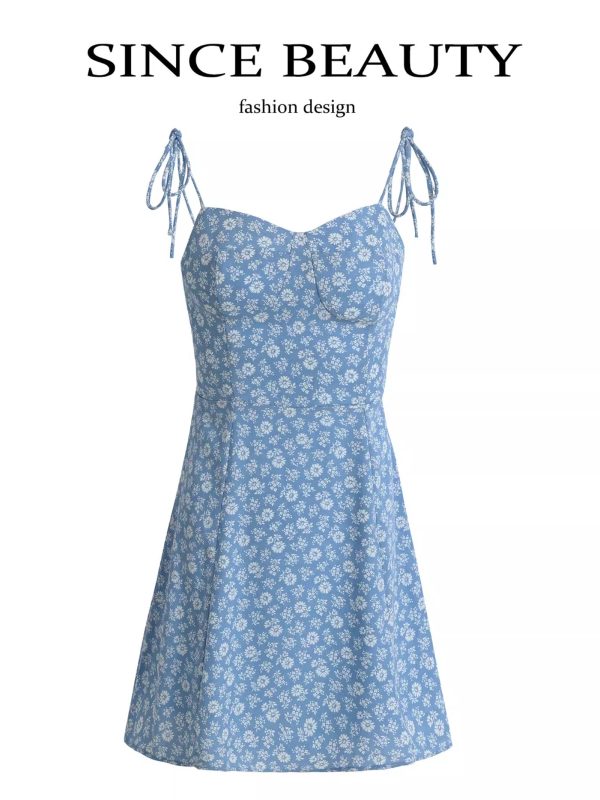 2025 Summer Blue Floral Dress for Petite Women - French-Style Vacation Short Dress