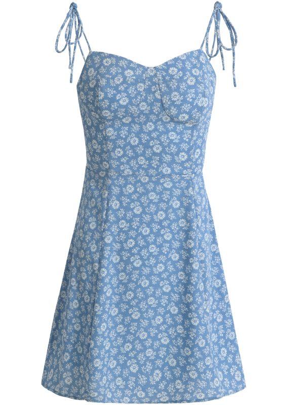 2025 Summer Blue Floral Dress for Petite Women - French-Style Vacation Short Dress