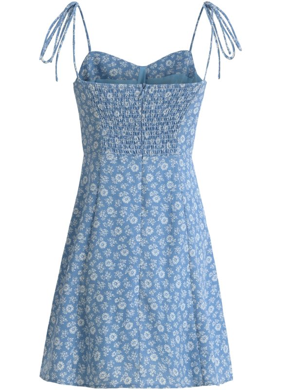 2025 Summer Blue Floral Dress for Petite Women - French-Style Vacation Short Dress