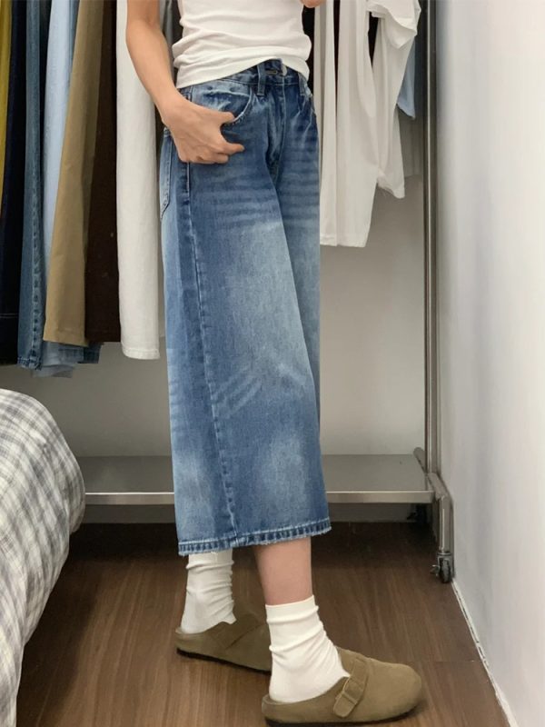 2025 Summer Plus Size American Retro Wide-Leg Jeans for Women - Loose Mid-Length Fashion Pants
