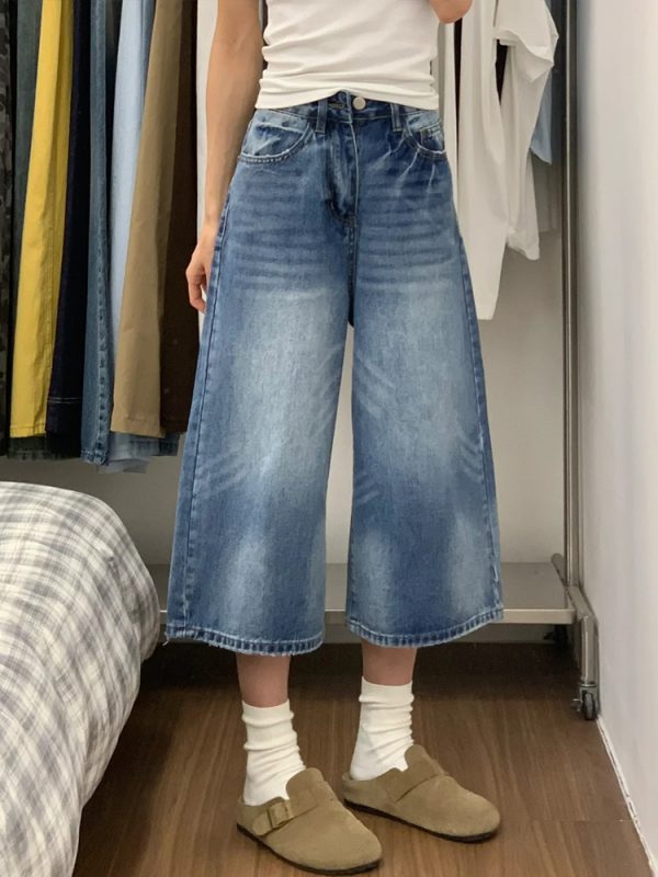 2025 Summer Plus Size American Retro Wide-Leg Jeans for Women - Loose Mid-Length Fashion Pants