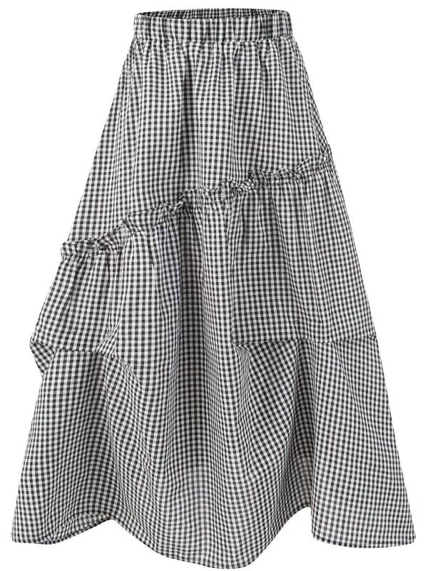 2025 Summer Ruffled Spliced Plaid Mid-Length Skirt with Elastic Waist for Women - Trendy Casual Fashion
