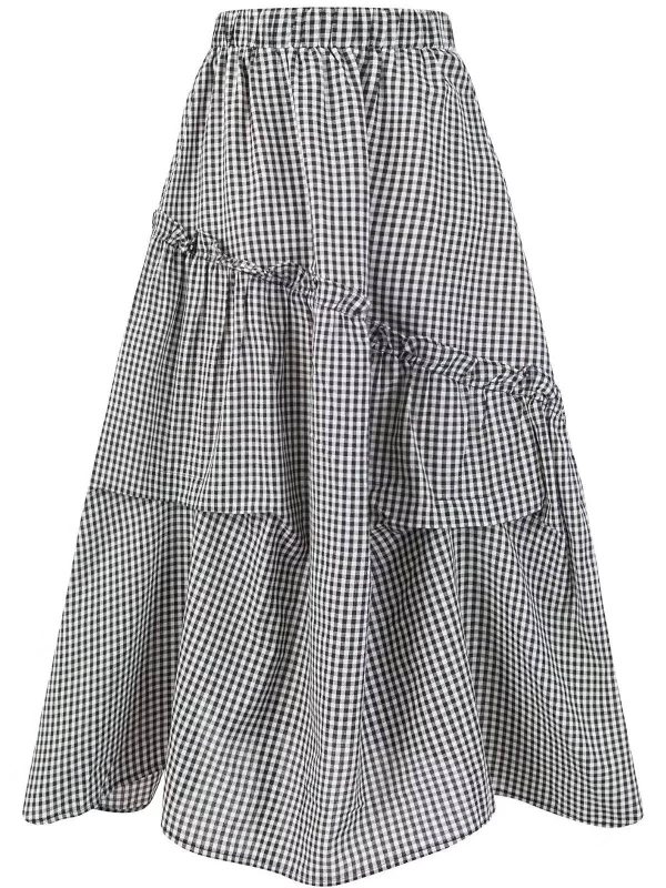 2025 Summer Ruffled Spliced Plaid Mid-Length Skirt with Elastic Waist for Women - Trendy Casual Fashion