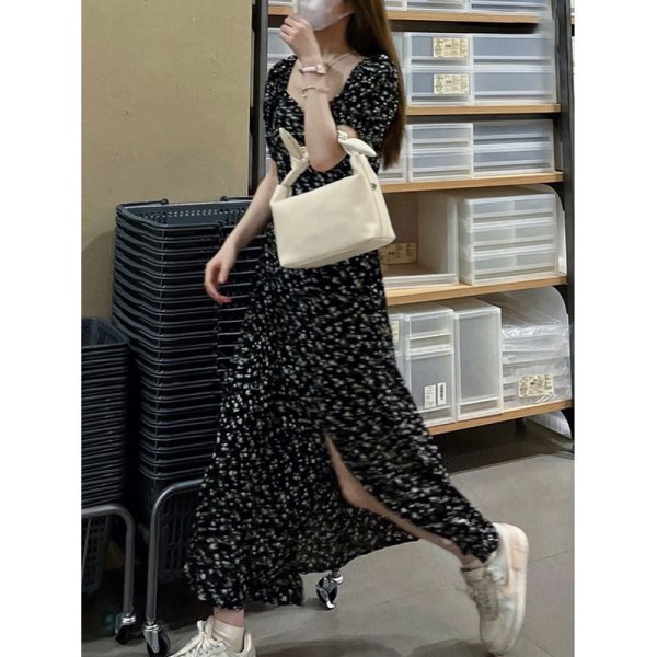 2025 Summer Women's Black Floral Dress with French Square Neck, Split Waist, Slimming Long Design, Perfect for Tea Breaks