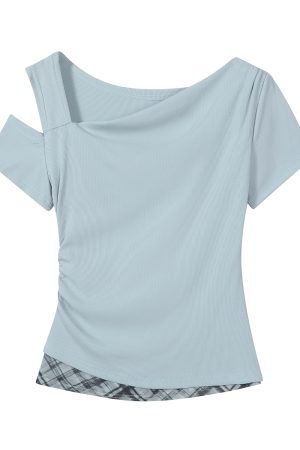 2025 Summer Women's Blue Off-Shoulder T-Shirt - Unique Short Sleeve Top, Trendy Casual Wear, Y2K Style