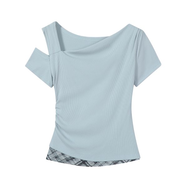 2025 Summer Women's Blue Off-Shoulder T-Shirt - Unique Short Sleeve Top, Trendy Casual Wear, Y2K Style