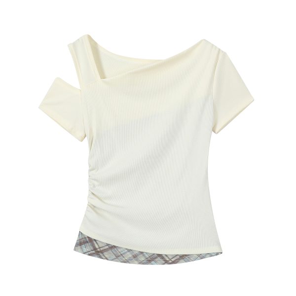 2025 Summer Women's Blue Off-Shoulder T-Shirt - Unique Short Sleeve Top, Trendy Casual Wear, Y2K Style