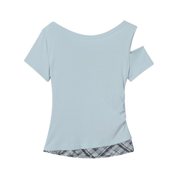 2025 Summer Women's Blue Off-Shoulder T-Shirt - Unique Short Sleeve Top, Trendy Casual Wear, Y2K Style