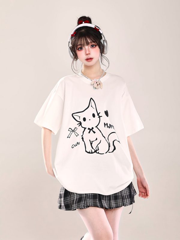 2025 Summer Women's Cartoon Cat Print Round Neck Short Sleeve T-Shirt, Casual Loose Tee, Trendy Y2K Style