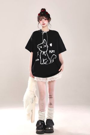 2025 Summer Women's Cartoon Cat Print Round Neck Short Sleeve T-Shirt, Casual Loose Tee, Trendy Y2K Style