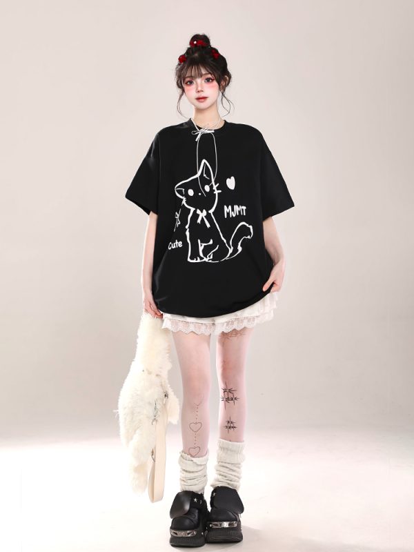 2025 Summer Women's Cartoon Cat Print Round Neck Short Sleeve T-Shirt, Casual Loose Tee, Trendy Y2K Style