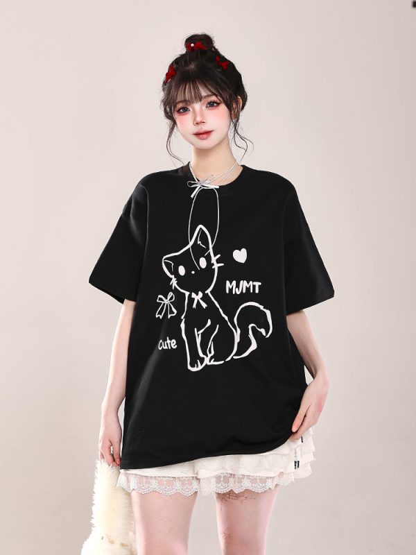 2025 Summer Women's Cartoon Cat Print Round Neck Short Sleeve T-Shirt, Casual Loose Tee, Trendy Y2K Style