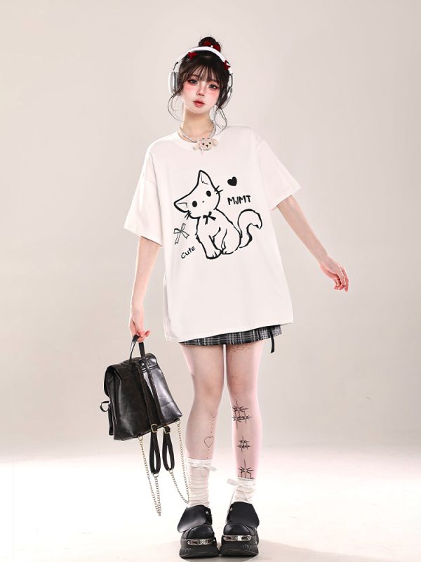 2025 Summer Women's Cartoon Cat Print Round Neck Short Sleeve T-Shirt, Casual Loose Tee, Trendy Y2K Style