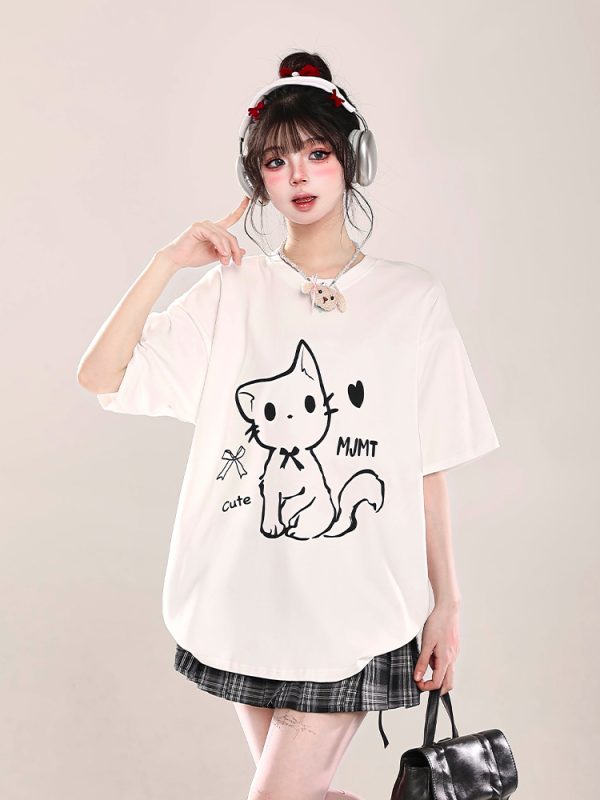 2025 Summer Women's Cartoon Cat Print Round Neck Short Sleeve T-Shirt, Casual Loose Tee, Trendy Y2K Style