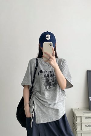 2025 Summer Womenâ€™s Gray Short-Sleeve T-Shirt with Sun Grapefruit Print, Loose Fit Drawstring Style, Trendy Niche Summer Top