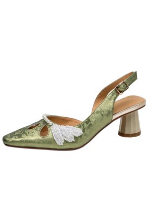 2025 Summer Women's High Heeled Chunky Open Back Sandals - First Layer Cowhide, Pearl Detail, Embroidered National Style
