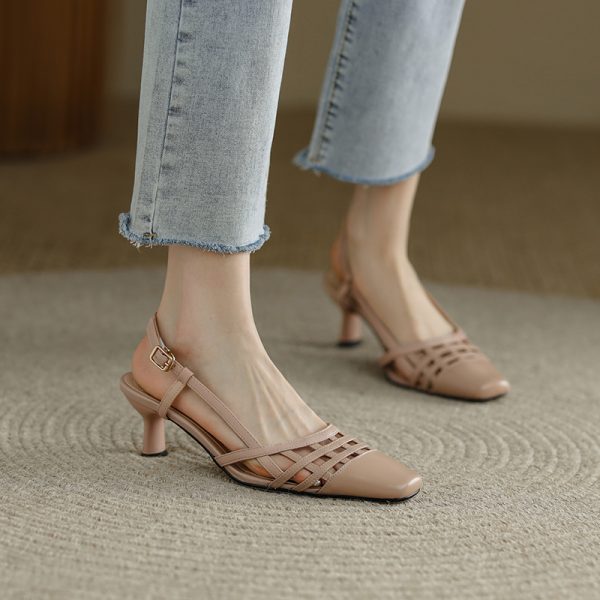 2025 Summer Women's High-Heeled Closed-Toe Square-Toe Woven Sandals - Versatile Genuine Leather Strappy Design