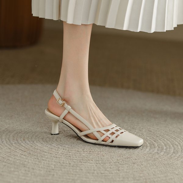 2025 Summer Women's High-Heeled Closed-Toe Square-Toe Woven Sandals - Versatile Genuine Leather Strappy Design