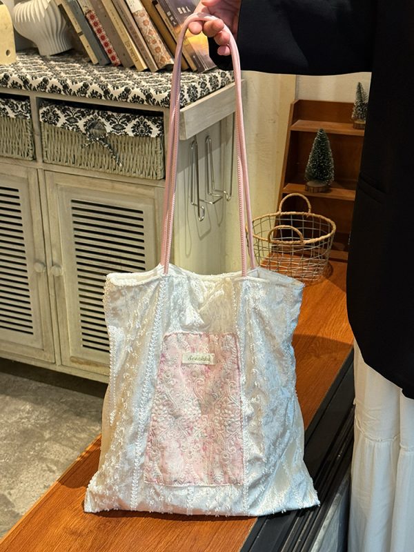 2025 Women's Pearl Luster Lace Canvas Bag - Large Capacity Commuter Tote Shoulder Bag for Students