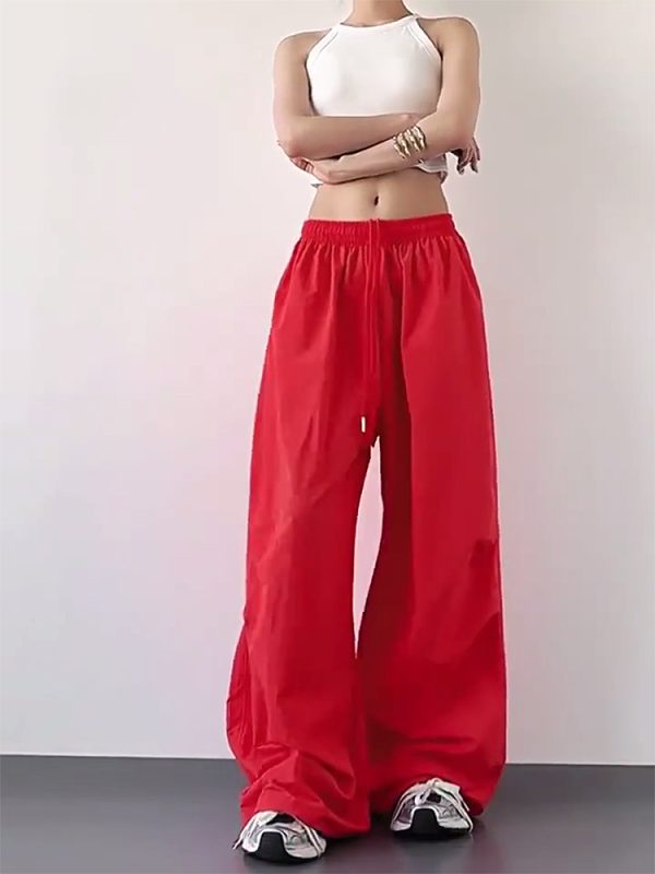 2025 Women's Red Cargo Pants - American Style Loose Parachute Pants, Slimming Drape, Hip-Hop Casual Sportswear