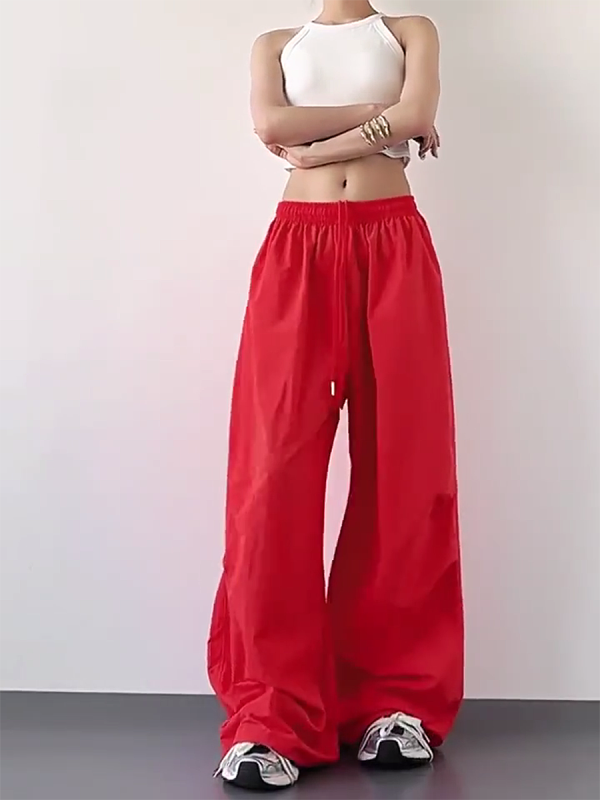 2025 Women's Red Cargo Pants - American Style Loose Parachute Pants, Slimming Drape, Hip-Hop Casual Sportswear