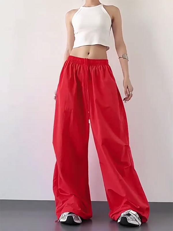 2025 Women's Red Cargo Pants - American Style Loose Parachute Pants, Slimming Drape, Hip-Hop Casual Sportswear